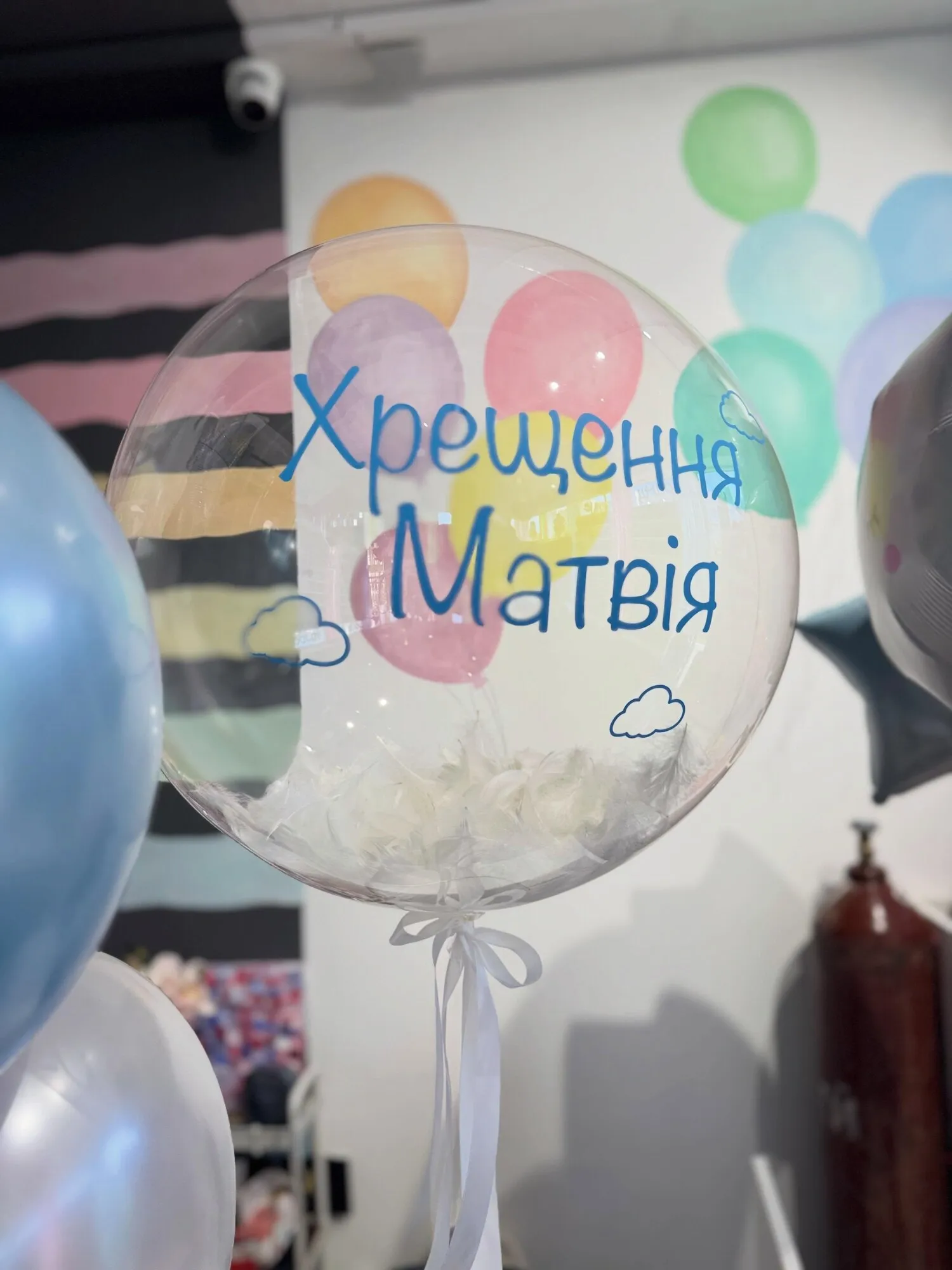 Прозора кулька баблс із написом і пірʼям усередині